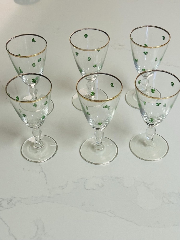 VTGE Set 6 Irish Shamrock Cordial Glass Green Clover Gold Rim Stemware Barware