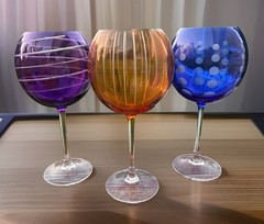 3 Mikasa Cheers Mix Balloon Wine Glasses Goblets Blue Amber Purple Stripes Dots