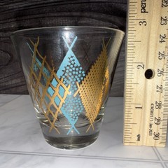 Set of 2 MCM Gold/Teal Diamond Pattern Cocktail/Shot Glasses