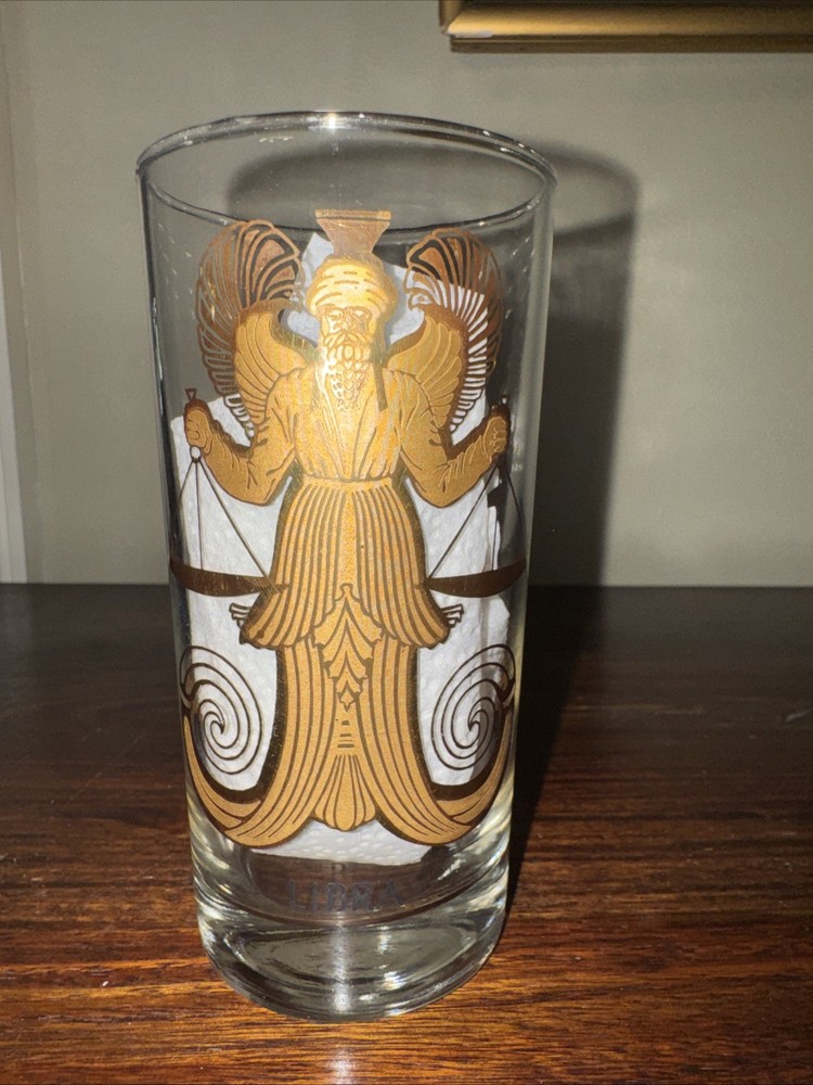 Anchor Hocking Libra Zodiac Glass MCM Gold Gild Tom Collins Barware