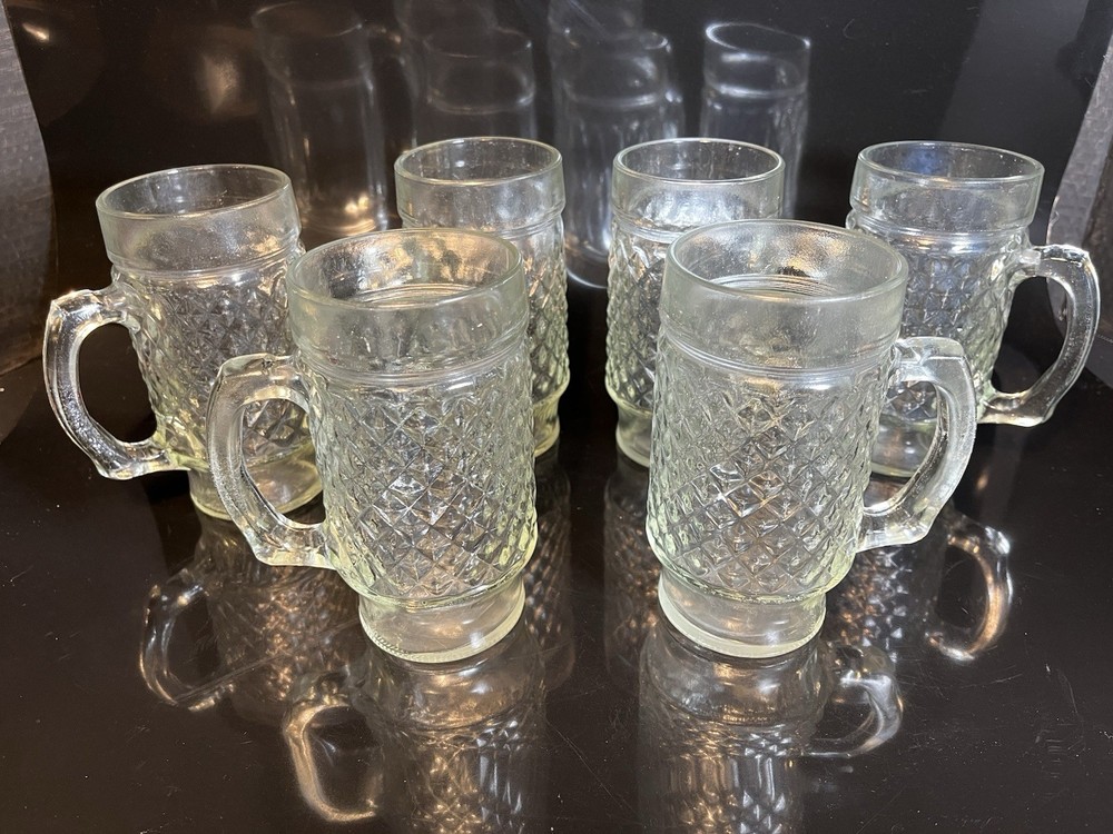 Vtg 6 Anchor Hocking Root Beer/Beer Mugs Quilted Diamond Point Pattern 12 oz