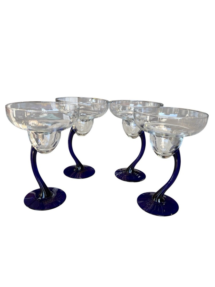 VTG Libby Bravura Margarita Glasses (4) Curved Cobalt Blue Stems