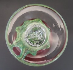 Hand Blown Art Glass Goblet Red with Green Leaves on base 2003 signed 8″ High