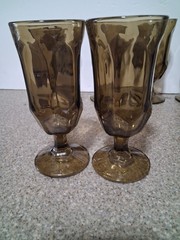 MCM Duz Crystal BROWN TAWNY Accent PANEL DESIGN Glass Ftd WATER GOBLETS Set of 8
