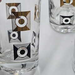 6 VTG MCM Retro Black Gold Squares Circles Double Shot Juice Glasses Barware