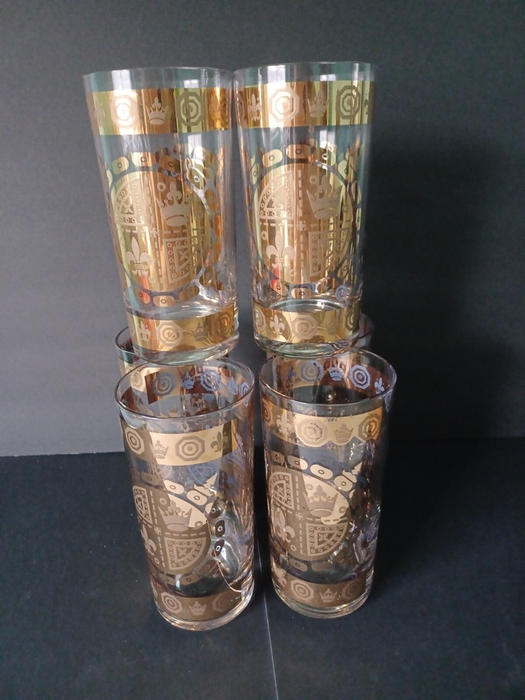 Vintage Vito Bari Gold Crest Design Highball Glasses 5.75″ Set Of 6