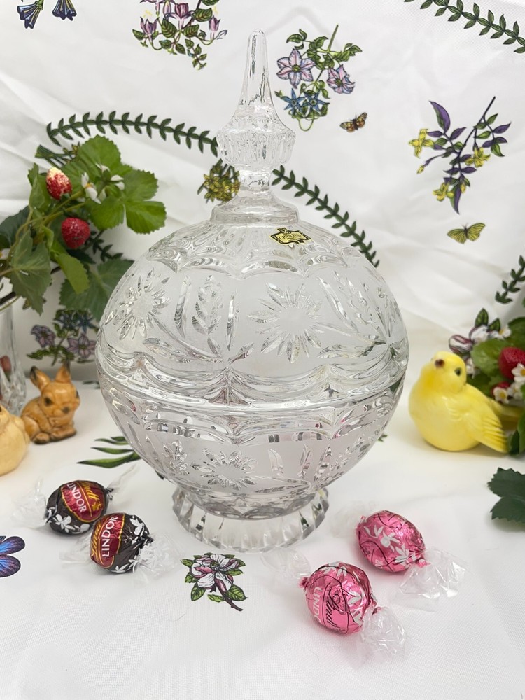 VINTAGE ZAJECAR 11″ TALL FOOTED COMPOTE CANDY DISH 24% LEAD CRYSTAL FLORAL CUT
