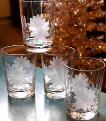 Vtg Set 4 ROYAL ALBERT Double Old Fashioned Hand Blown Glasses GRAY CUT FLOWERS