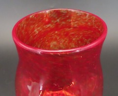 Hand Blown Art Glass Goblet Red with Green Leaves on base 2003 signed 8″ High