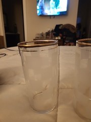 Four Federal Glass 12 oz Tumblers Clear & Frosted Checked With Double Gold Rim