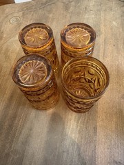 Indiana Glass Colony Park Lane Juice Glasses (4) Amber Gold Starburst MCM Retro