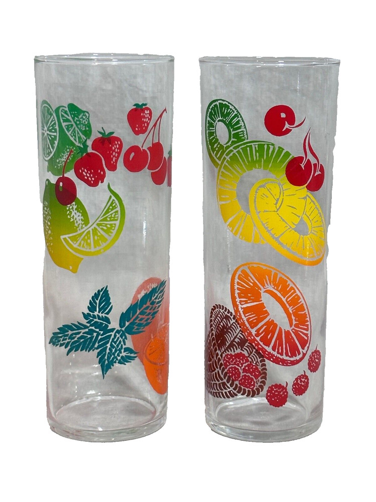 Pair Vintage Highball Cocktail Glasses Mid Century Modern Fruit Design Retro