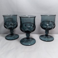Vintage Set 3 Indiana Glass Riviera Blue Kings Crown Thumbprint 4⅜» Goblets 4oz
