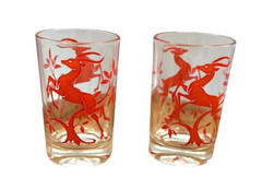 Lot of 2 Vintage Leaping Gazelle Juice Glasses C2171950s Red Deer Antelope MCM