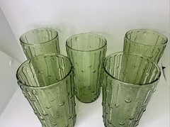 5 Glass Tumblers Set Anchor Hocking Tahiti Bamboo Avocado Green 1960 Drinking