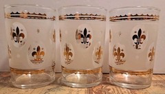 Vtg Set Of 6 Hazel Atlas Juice Glasses Frosted Finish Gold Fleur-De-Lis