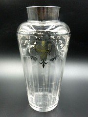 VINTAGE ETCHED GLASS CHROME RIM COCKTAIL SHAKER WITH SILVER OVERLAY