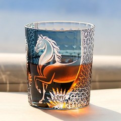 Hand Carved Horse Pattern Whisky Glass 250ml Tumbler Ink Blue