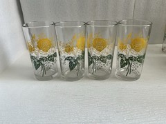 Vintage Set of 4 Yellow Green Rose Juice Drinking Tumbler Glasses 5 High
