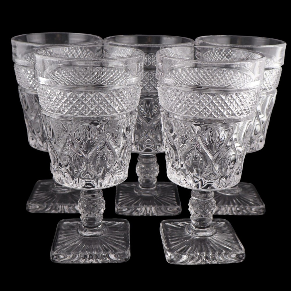 Imperial Glass Cape Cod 1602 Goblets Set of 5 Clear Pressed Glass Water Wine USA