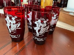 Vtg Depression Era Ruby Red Festive Glasses Tumblers «Swing Her High” Lot of 4