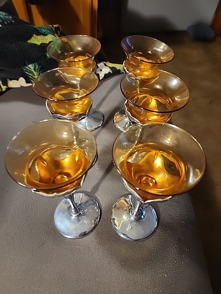 Art Deco FARBERWARE Set 6 Cambridge Chrome Wine Cordial Cocktail Glasses MCM