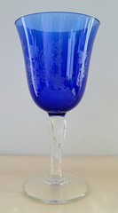 Vintage Cobalt Blue Water Goblet Clear Stem Frosted Grape Leaf Design