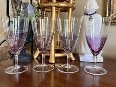 Pier One Crackle Glass Purple Pink Etched Set Of 4 Iced Tea Water Goblets
