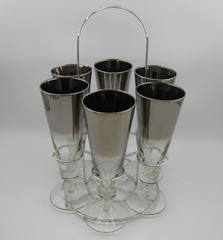 Rare Vtg Silver Fade Cocktail Champagne Pilsner Beer Glasses W/Carrier 8 1/4″