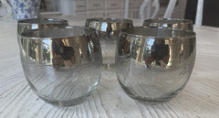 Vtg Set 5 MCM Dorothy Thorpe Roly Poly Glasses Silver Fade Raised Glitter Floral