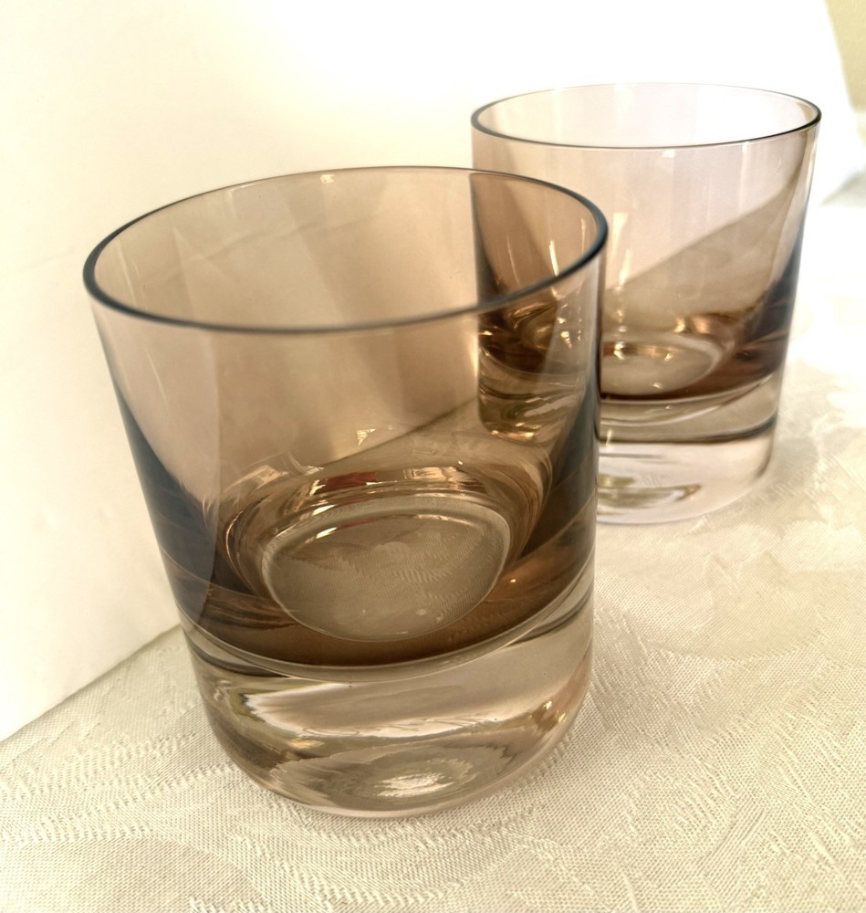 Set Estelle Colored Glass Rocks Whiskey Glass Signed Hand-blown Gray Smoke Amber