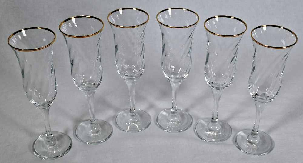 Set of (6) Vintage Turkish Optic Swirl Champagne Flutes w/ 24 Karat Gold Rim