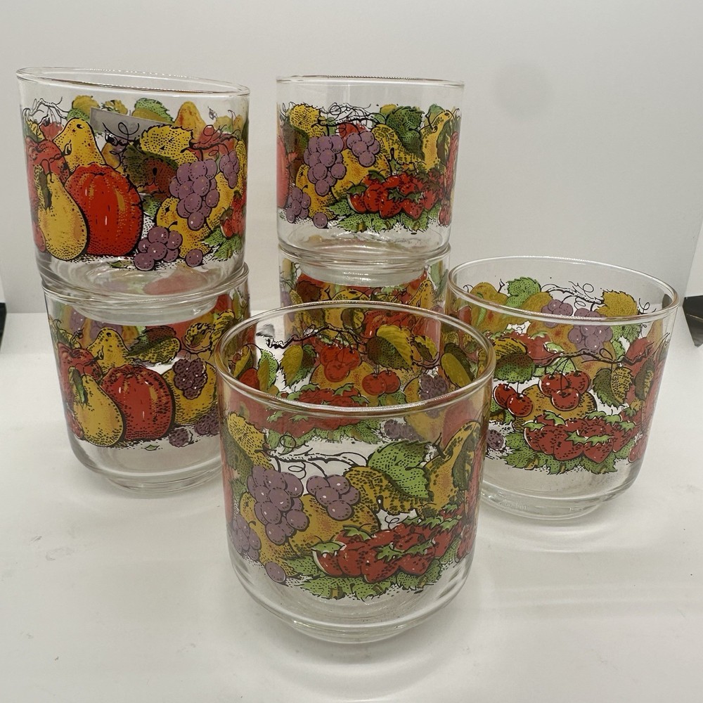 6 VINTAGE RETRO Libbey *HARVEST* Mixed Fruits 9 oz 3-1/4″ ROCKS Tumbler GLASSES