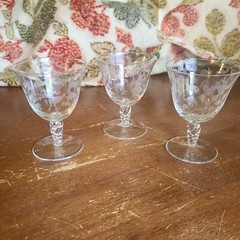 3 Antique Ladies Gents Etched Crystal Twisted Stems CORDIAL Glass Goblet UNK7199