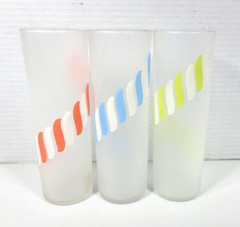 3-Vtg MCM Libby Frosted Candy Stripe Collins Glasses