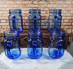 Vintage Libbey Country Fair Blue Glass Mason Jar Mugs Pint Set 6 Made in Canada