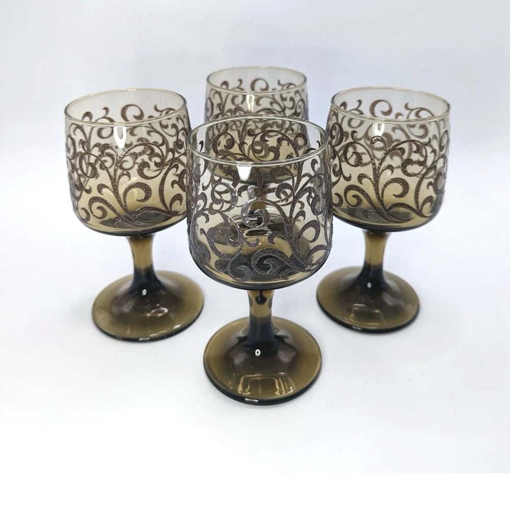 Libbey Prado Tawny Smoke Glass 4 Glasses Raised Brn Scroll Stemware USA 70’s VTG