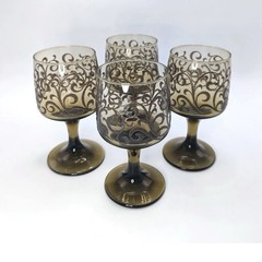 Libbey Prado Tawny Smoke Glass 4 Glasses Raised Brn Scroll Stemware USA 70’s VTG