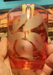 VTG Cranberry Glass Cocktail Juice Glasses with Etched Flower Leaf Set of 4 3”