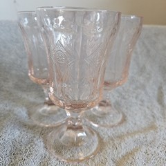 Indiana Glass Recollection Pink Goblets Set Of 3, Etched, Scroll Grandma Cottage