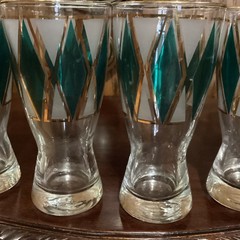 Libbey Mid-Century Emerald Blue & 22-Karat Gold Diamond Pilsner Glasses Set Of 8