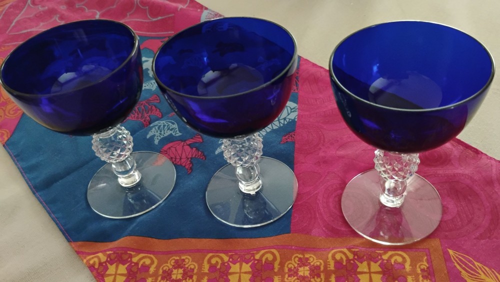 3 Morgantown Glass RITZ BLUE Golf Ball 3.5 ounce Vintage Cocktail, Wine 4 1/16″