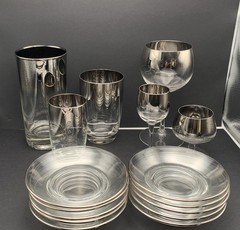 Set of 10 Silver Rim Small Plates Match Faded Silver Glasses Canapé