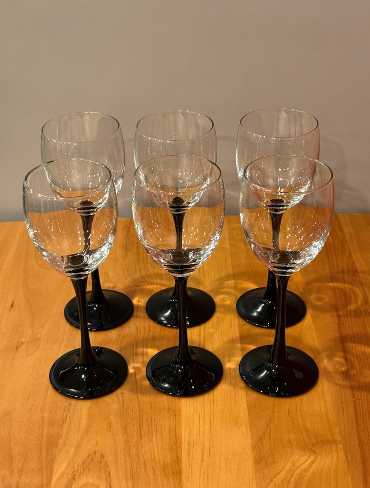 Vintage Luminarc France Domino Black Nocturne Stem Wine Glasses 8oz Set of 6