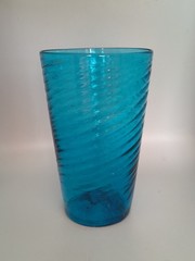 Vintage Mexican Hand Blown Glass Tumbler Aqua Teal Blue Swirl Optic Twist 16oz