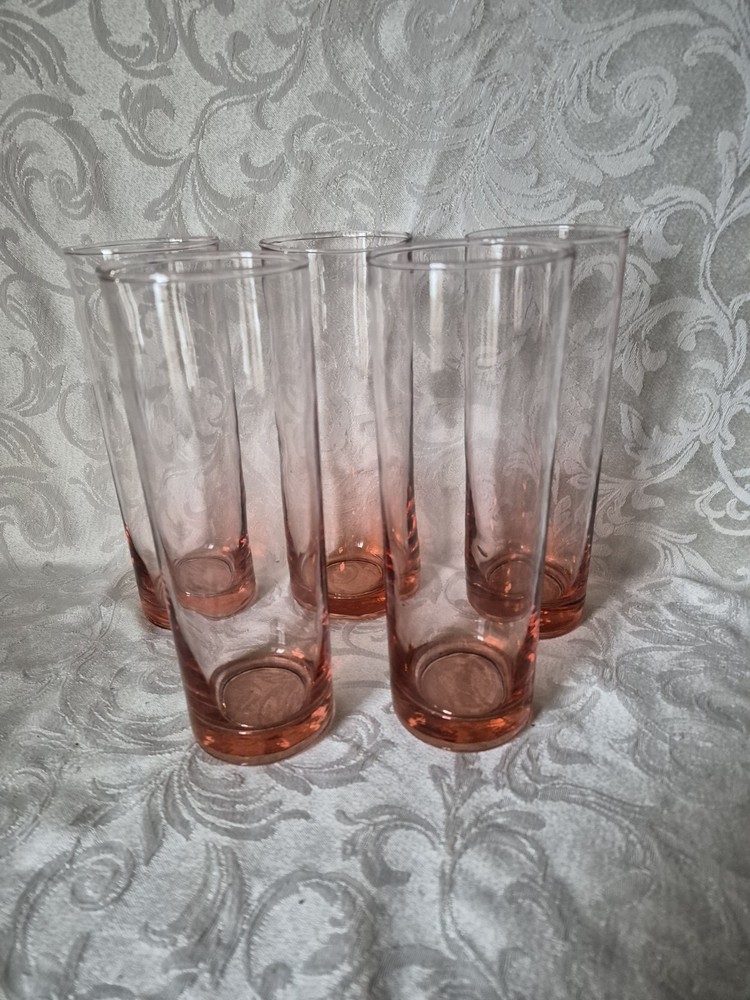 MCM Hand Blown Retro Pink Bubble Glass Bud Vases/Highball Glasses 7.25in Set/5