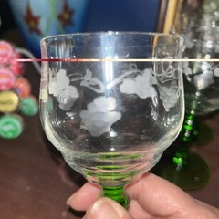 Set of 6 Tiffin Glasses with Etched Designs & Dark Green Uranium Stems Vintage