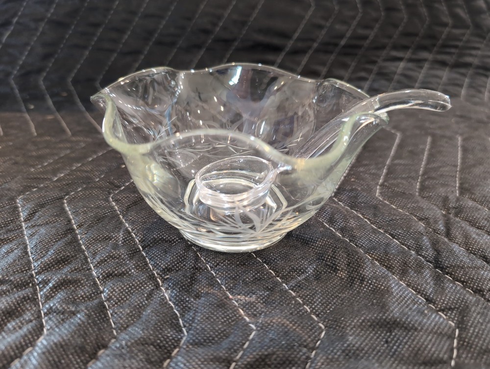 Vintage Cut Glass Mayonnaise Bowl w Ladle Etched Floral Design