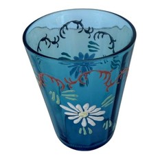Vintage Hand-Painted Blue Glass Tumbler Floral White Daisy Vine Design