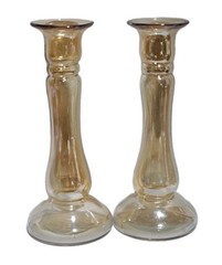 Dugan Antique Carnival Stretch Glass Pair Of Marigold Candlestick Holders